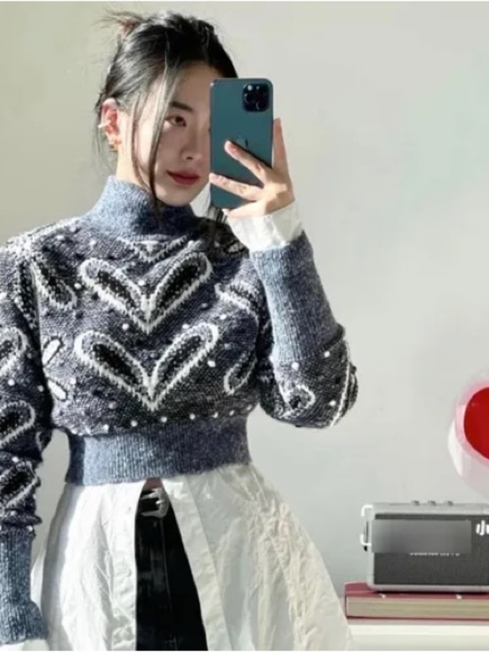 Zara Grey Pearl-Embellished Turtleneck Cropped Sweater
